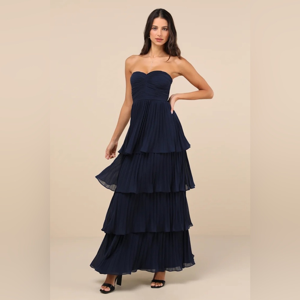 Lulu's - Seriously Sensational Navy Blue Strapless Tiered Maxi Dress
